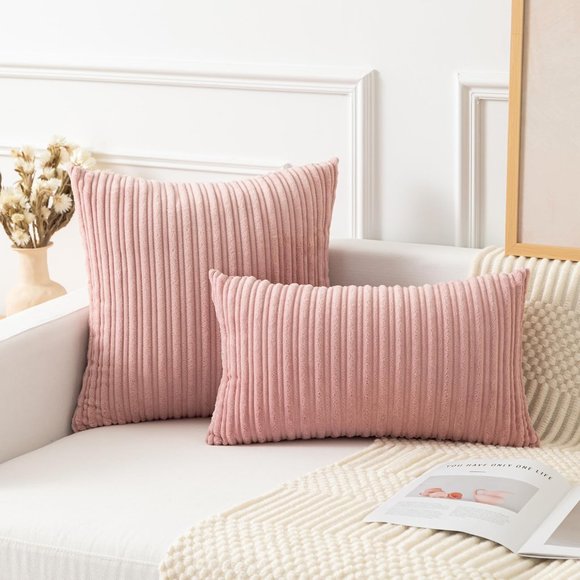 Set of 2 Petal Pink Blush Soft Corduroy Stripe Velvet Pillow Covers Pillows New - Picture 10 of 10